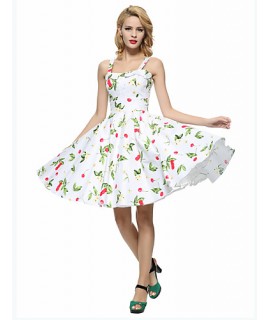 Women's Going out Vintage A Line / Skater Dress,Floral Strap Knee-length Sleeveless White / Black Cotton All Seasons