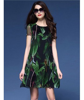 Women's Vintage Print Sheath Dress,Round Neck Above Knee Silk