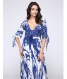 New Boho Maxi Dress Contrast Print Deep V-Neck Side Zipper 3/4 Sleeve Beach Evening Party Long