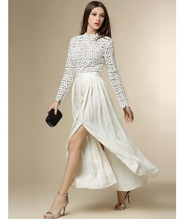 Boutique S Women's Going out Street chic Chiffon Dress,Patchwork Stand Maxi Long Sleeve White Polyester Fall