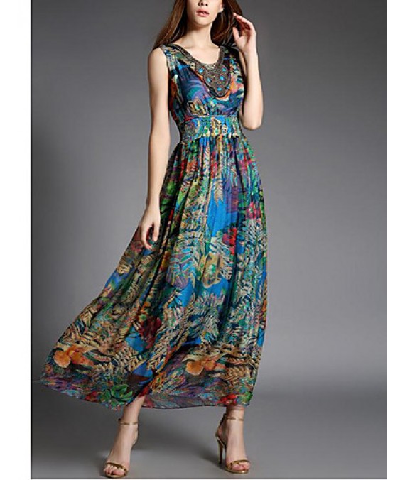 Going out Street chic Sheath Dress,Print V Neck Maxi Sleeveless Blue Silk Summer High Rise