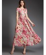 Women's Party/Cocktail Boho A Line Dress,Floral Square Neck Maxi Short Sleeve Pink Cotton Summer