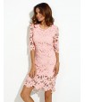 Work Sheath / Lace Dress,Solid Round Neck Knee-length ? Length Sleeve Pink Cotton Spring Mid Rise Micro-elastic