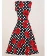 Women's Vintage Slim Polka Dot Rose Print Sleeveless Swing Dress