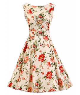 Women's Cream Floral Dress , Vintage Sleeveless 50s Rockabilly Swing Short Cocktail Dress