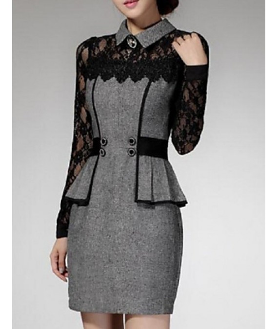 Women's Patchwork Red / Gray Lace Hin Thin Slim Temperament Dress , Work / Plus Sizes Shirt Collar Long Sleeve