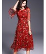 Women's Casual/Daily Boho / Street chic Plus Size / Chiffon Dress,Floral Round Neck Midi ? Length Sleeve Red Silk Summer