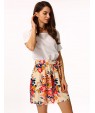 Women's White/Pink Round Flower Print Chiffon Short Sleeve Dress