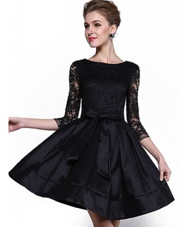 Women's Party/Cocktail / Plus Size Sophisticated Lace / Little Black / Skater Dress,Solid Round Neck Above Knee ? Sleeve BlackPolyester /