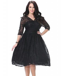 Women's Beach Plus Size / Skater Dress,Solid Deep V Knee-length ? Sleeve Black Polyester Spring