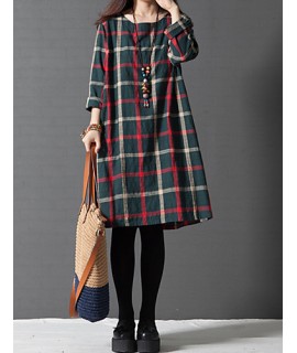 Women's Casual/Cute/Plus Sizes Check Contrast Color Inelastic Long Sleeve Knee-length Loose Dress (Cotton/Linen)