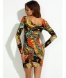 Women's Vintage Sexy Bodycon Print Cute Plus Sizes MicroElastic Long Sleeve Above Knee Dress (Microfiber)