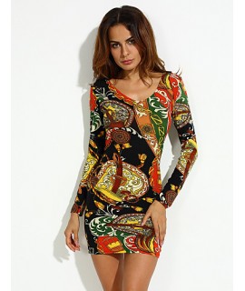 Women's Vintage Sexy Bodycon Print Cute Plus Sizes MicroElastic Long Sleeve Above Knee Dress (Microfiber)