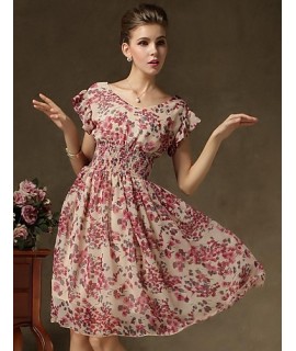 Women's Vintage Short Sleeve Floral Print Chiffon Dress