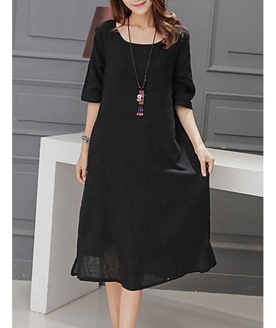 Women's Plus Size / Going out / Loose Dress,Solid Round Neck Midi ? Length Sleeve Red / Black / Purple Cotton / Linen