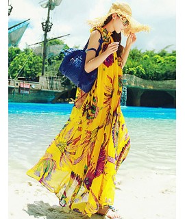 Beach Swing Dress,Print Maxi Sleeveless Yellow Summer Inelastic Thin