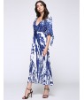 New Boho Maxi Dress Contrast Print Deep V-Neck Side Zipper 3/4 Sleeve Beach Evening Party Long