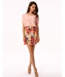 Women's White/Pink Round Flower Print Chiffon Short Sleeve Dress