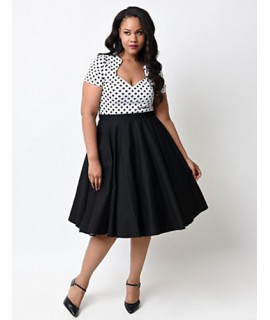 Women's Vintage Swing Dress,Polka Dot V Neck Knee-length Short Sleeve Red / Black Cotton Spring