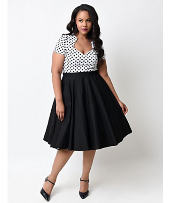 Women's Vintage Swing Dress,Polka Dot V Neck Knee-length Short Sleeve Red / Black Cotton Spring