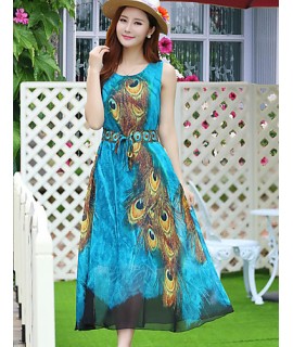 Women's Round Neck Embroidery Dress , Chiffon Midi Sleeveless