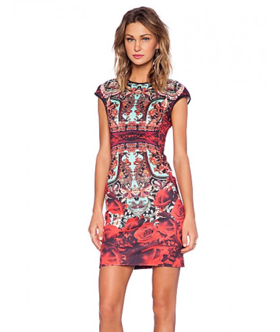 Women's Vintage Floral Sheath Printed Dress , Round Neck Knee-length Polyester