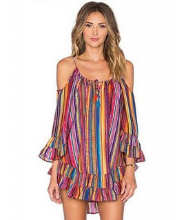 Women's Beach Boho Chiffon Dress,Print Off Shoulder Above Knee Long Sleeve Orange Polyester Summer