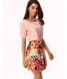 Women's White/Pink Round Flower Print Chiffon Short Sleeve Dress