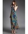 Going out Street chic Sheath Dress,Print V Neck Maxi Sleeveless Blue Silk Summer High Rise