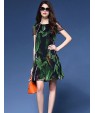 Women's Vintage Print Sheath Dress,Round Neck Above Knee Silk