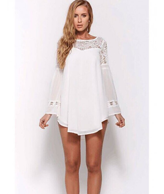 Women's Party/Cocktail Loose Dress Round Neck Mini Long Sleeve White Cotton Fall