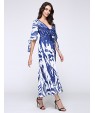 New Boho Maxi Dress Contrast Print Deep V-Neck Side Zipper 3/4 Sleeve Beach Evening Party Long