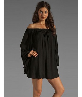 Women's Solid White/Black Dress, Casual/Sexy Off Shoulder Long Sleeve Ruffle Loose