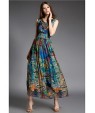 Going out Street chic Sheath Dress,Print V Neck Maxi Sleeveless Blue Silk Summer High Rise