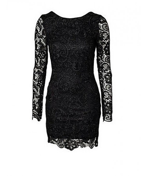 Women's Party/Cocktail / Going out Sexy Lace Dress,Solid Round Neck Mini Long Sleeve Red / Black Cotton / Polyester Summer Mid Rise