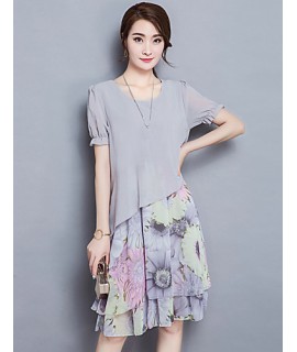 Women's Going out Street chic Plus Size / Chiffon Dress,Floral Round Neck Knee-length Short Sleeve Gray Summer